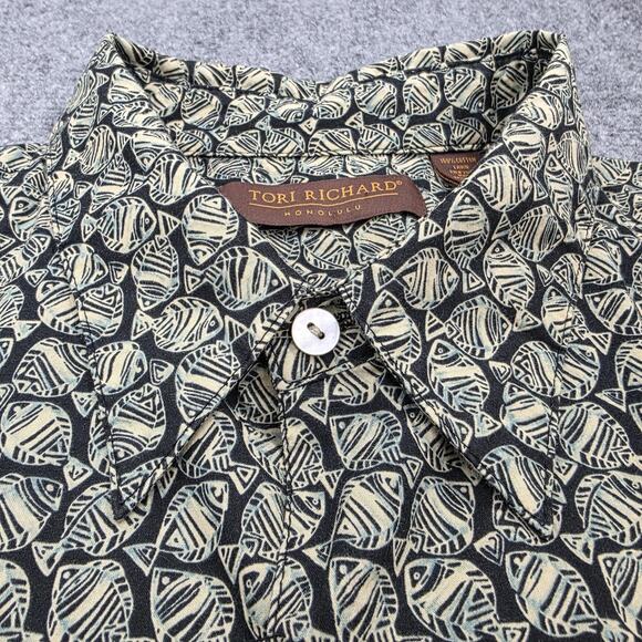 Tori Richard Shirt Mens XL Black Tan Fish Print Aloha Hawaiian Made in USA Camp - Picture 11 of 15
